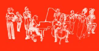 Vit kolteckningsliknande bild med rödbakgrund av en 9-persons ensemble som spelar olika instrument.